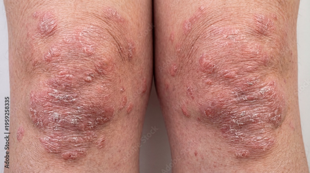 Fototapeta premium Psoriatic arthritis knee lesions close-up