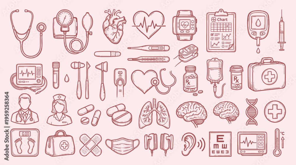 Fototapeta premium A comprehensive collection of hand-drawn medical icons and symbols, illustrating various aspects of healthcare and medicine.