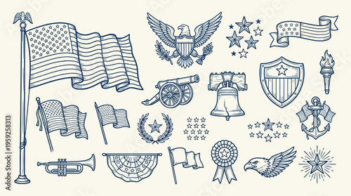 A collection of hand-drawn American patriotic symbols and icons, including flags, eagles, cannons, and stars, presented in a vintage blue and white sketch style.