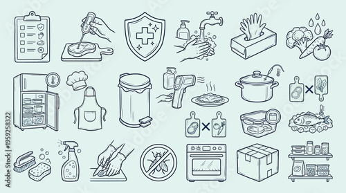 A collection of hand-drawn icons illustrating food safety practices, hygiene, and kitchen equipment for safe food handling and preparation.