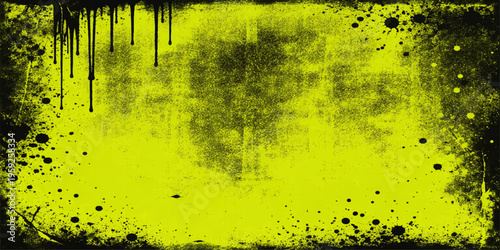 Abstract a visually arresting backdrop of bold, grunge-textured design, featuring a striking blend of a distressed, stained and splattered of  black and yellow colour.