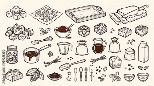 A charming hand-drawn illustration showcasing a delightful collection of chocolate-making ingredients and tools, perfect for culinary inspiration.