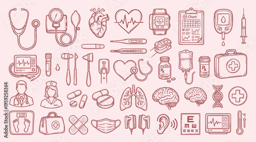 A comprehensive collection of hand-drawn medical icons and symbols, illustrating various aspects of healthcare and medicine.