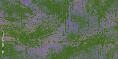 Abstract artistic paint splashes, combining green and purple to create a textured, captivating artwork.