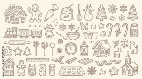 A charming collection of hand-drawn illustrations depicting various elements associated with baking and holiday festivities, including gingerbread figures, houses, trees, and baking tools.