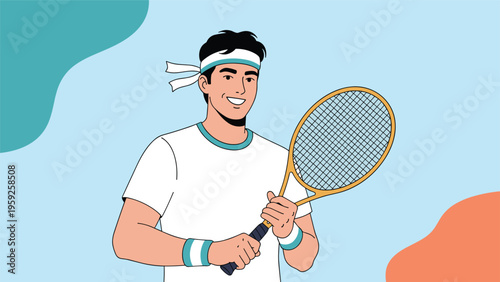 Smiling male athlete wearing a headband and sportswear holds a tennis racket while preparing for a match on the court.