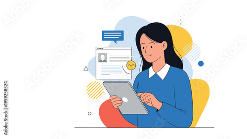 Tech-savvy young woman interacts with a digital tablet while various floating web icons represent her online activity.