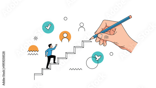 Conceptual illustration shows a hand drawing a staircase for a small figure to climb toward career success and goals.