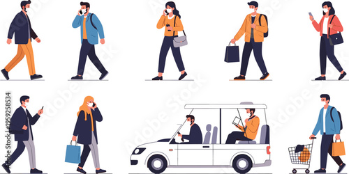 People wearing masks in daily life set with shopping commuting and lifestyle activities vector illustration
