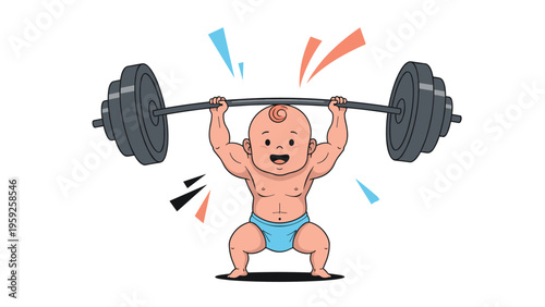 Exceptionally strong and muscular infant lifts a heavy barbell above his head with ease in a humorous fitness concept.