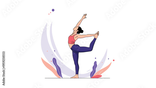 Young woman practicing yoga in dancer pose against abstract colorful background to promote wellness and healthy lifestyle.