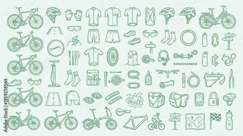 A comprehensive collection of hand-drawn bicycle and cycling equipment illustrations on a light green background.