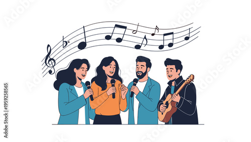 Group of happy friends gathers to sing together with microphones while one person plays an acoustic guitar for fun.