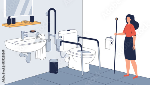 Blind woman with walking cane standing in accessible bathroom equipped with safety bars and support rails for disabled.