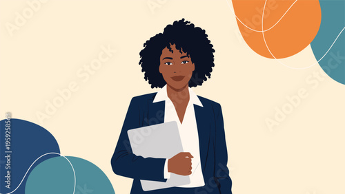 Confident Black businesswoman in a professional suit holds a laptop while standing against a modern abstract background.