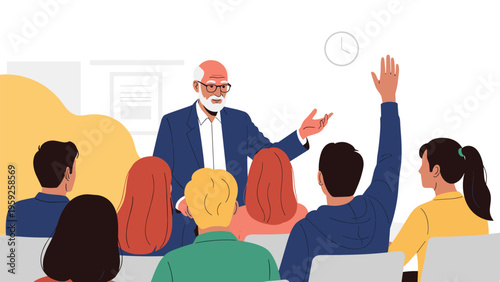 Senior professor lecturing in front of classroom as student raises hand to ask question during university academic session.