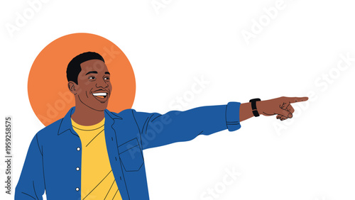 Cheerful man in blue shirt pointing finger towards empty space for text against orange circle background vector art.