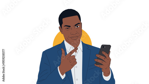 Confident man in blue suit winking while holding and pointing at his smartphone against circular yellow background.