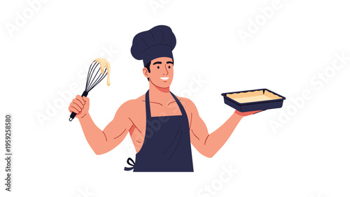 Athletic male baker or chef wearing apron and hat while holding wire whisk with batter and baking tray.