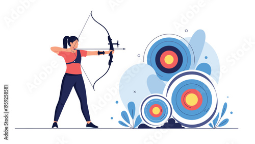 Skilled female archer aims her bow and arrow at multiple circular targets during a competitive sport training session.