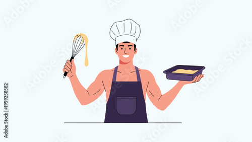 Fit male chef wearing a hat and apron holds a whisk with batter and a baking tray while standing in a minimalist kitchen.