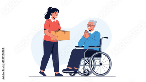 Kind young female volunteer delivers a package to an elderly man in a wheelchair who expresses deep gratitude for the help.