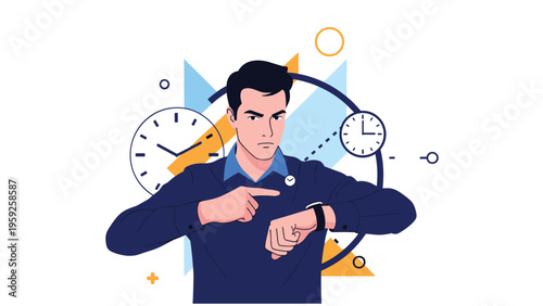 Impatient man in a dark blue shirt points at his wristwatch with an annoyed expression while waiting for someone to arrive.