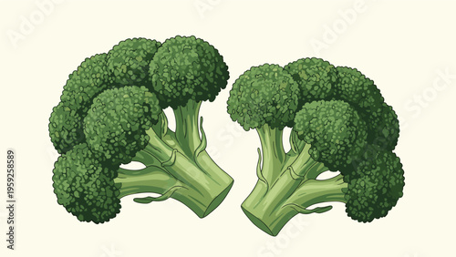 Detailed illustration of two fresh green broccoli heads isolated on light background emphasizing healthy nutrition and diet.