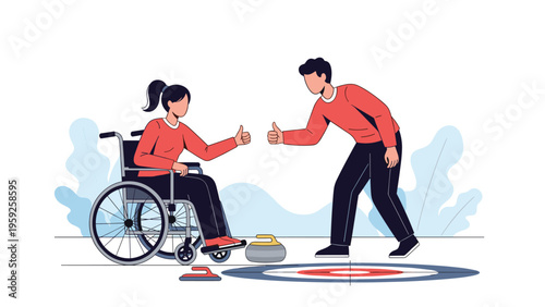 Disabled woman in wheelchair and man playing wheelchair curling game together and showing thumbs up for sports inclusion.