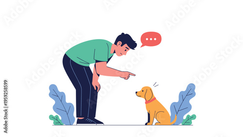 Young man training golden retriever puppy and pointing finger while the dog sits attentively in minimalist flat style.