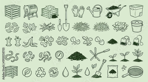 A comprehensive collection of hand-drawn illustrations depicting various elements related to composting and gardening, including tools, materials, and plant growth.