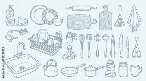 A detailed illustration of various kitchen utensils and cleaning supplies, including a sink, dish rack, pots, pans, and cleaning brushes, all rendered in a blue-toned sketch style.