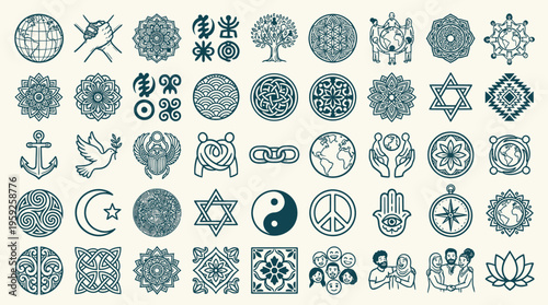 A diverse collection of 60 circular and geometric symbols representing global unity, peace, spirituality, and cultural diversity, including religious icons, nature motifs, and abstract designs.