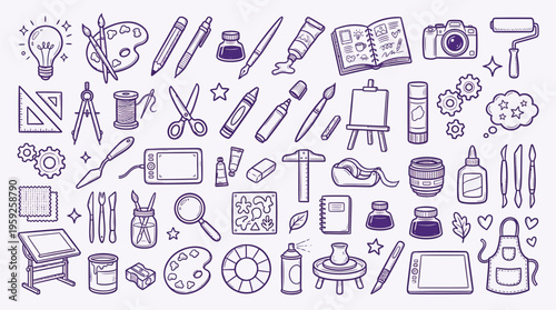 A comprehensive collection of art and craft supplies, tools, and creative elements, illustrating the diverse world of artistic creation and hobbies.