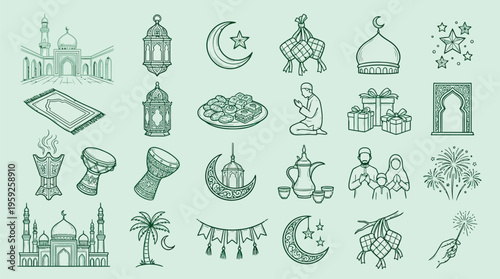 A collection of hand-drawn Islamic cultural and religious icons, including mosques, lanterns, crescent moons, and festive decorations, presented in a monochromatic green palette.