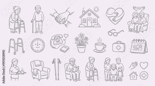 Collection of hand-drawn icons representing elderly care, family, and home life, including seniors, caregivers, and symbols of comfort and health.