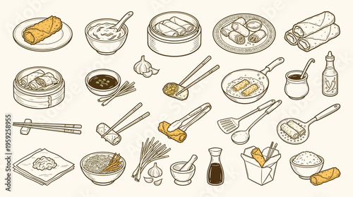 A charming hand-drawn illustration showcasing a delightful assortment of Asian culinary delights and cooking utensils, presented in a vintage style.
