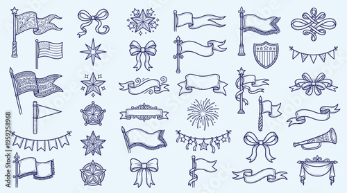 Collection of Hand-Drawn Decorative Elements Featuring Flags, Banners, Ribbons, and Emblems in a Blue Sketch Style.