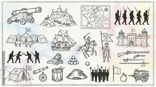 Collection of hand-drawn historical military and battle illustrations, including cannons, forts, ships, soldiers, and maps.