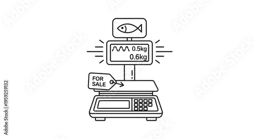 Digital Scale with Fish Icon and 'For Sale' Tag, Weighing Food Items