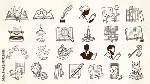 A collection of hand-drawn icons representing reading, writing, and learning, including books, typewriters, and study-related objects.