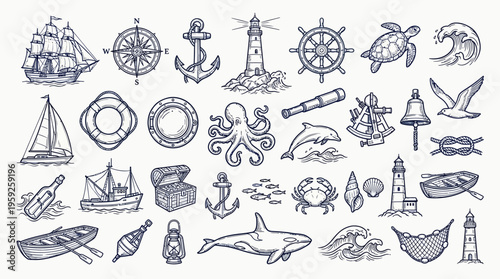 A comprehensive collection of hand-drawn nautical and marine-themed illustrations, featuring ships, sea creatures, navigational tools, and coastal elements.