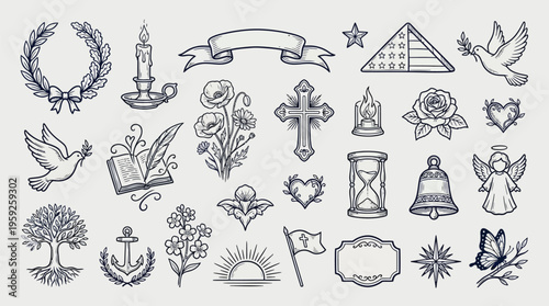 A collection of detailed black and white line art illustrations of various symbols and motifs, including religious icons, nature elements, and decorative ornaments.