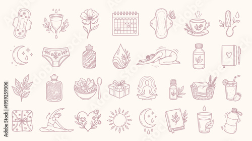 A collection of hand-drawn illustrations representing feminine hygiene, self-care, and wellness, featuring menstrual products, natural remedies, and relaxation techniques.