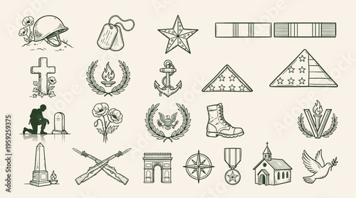 Collection of hand-drawn military and patriotic symbols, including a helmet, dog tags, medals, flags, and religious icons.