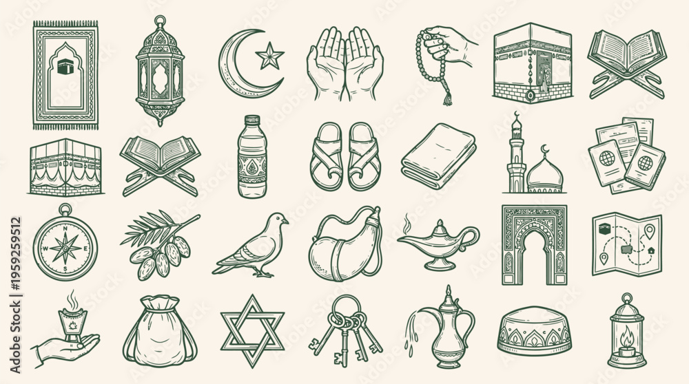 Fototapeta premium A collection of hand-drawn Islamic cultural and religious icons, including prayer mats, lanterns, the Kaaba, the Quran, and symbols of faith and pilgrimage.