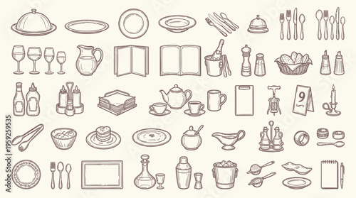 A comprehensive collection of hand-drawn illustrations depicting various restaurant and dining-related items, including tableware, serving dishes, and decorative elements.