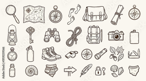 A collection of hand-drawn adventure and exploration icons, including maps, compasses, binoculars, and camping gear, presented in a vintage sketch style.
