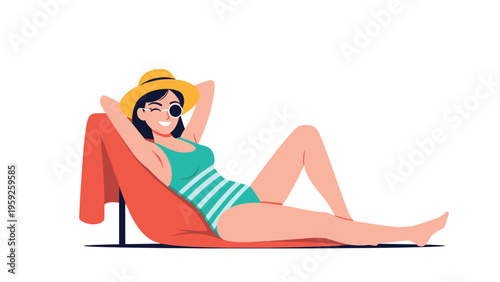 Beautiful young woman in a striped swimsuit and sun hat relaxing on a beach chair while winking and enjoying her summer holiday.