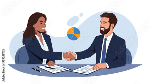 Professional business partners shaking hands over a desk with financial documents and charts to finalize a successful deal.